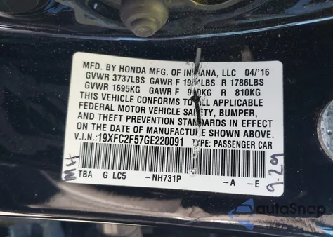 2016 Honda Civic Lx z USA, uszkodzony, nr VIN 19XFC2F57GE220091